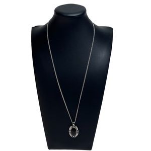 Silver Faceted Black Crystal Pendant Necklace 24"
